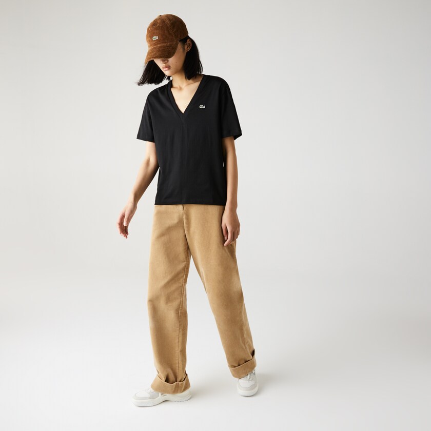 Camiseta Lacoste Feminino Pretas V-Neck Premium Cotton WR8-97729Z0