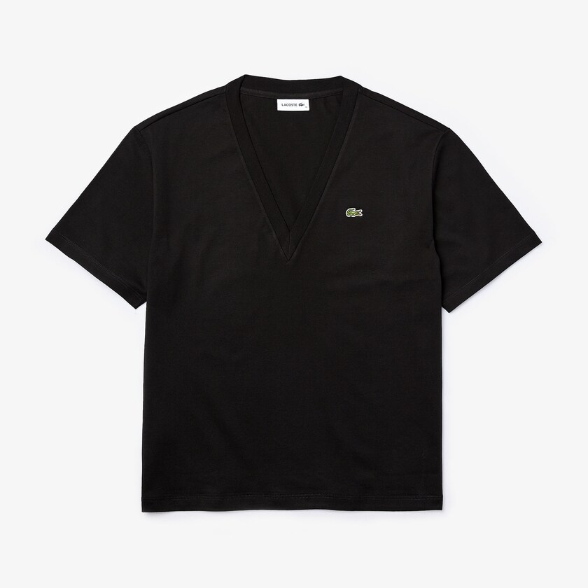 Camiseta Lacoste Feminino Pretas V-Neck Premium Cotton WR8-97729Z0