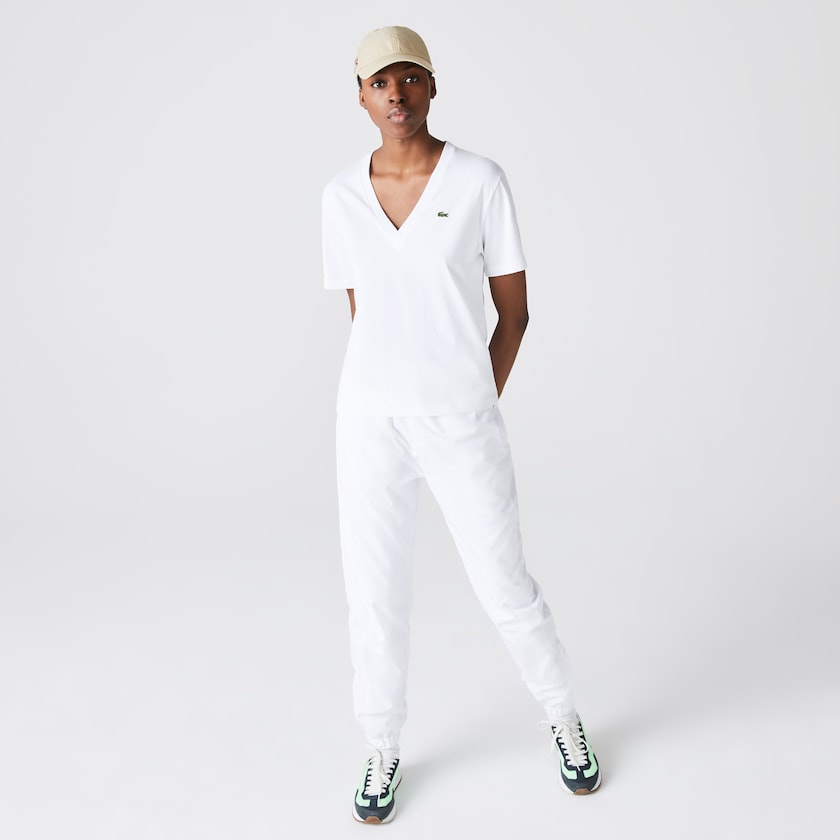Camiseta Lacoste Feminino Branco V-Neck Premium Cotton DF1-39983N3