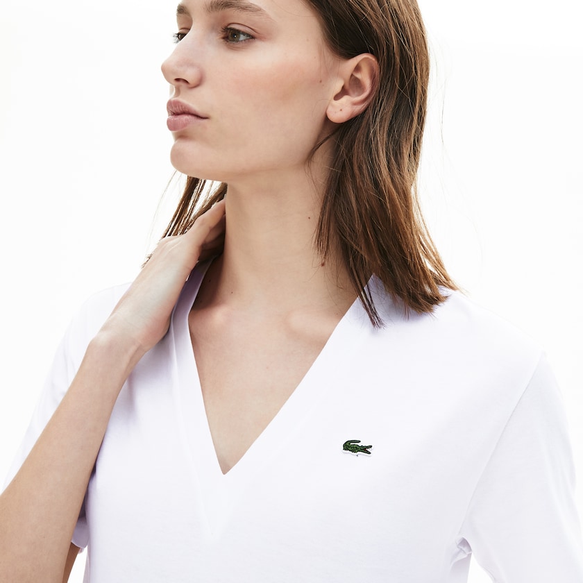 Camiseta Lacoste Feminino Branco V-Neck Premium Cotton DF1-39983N3
