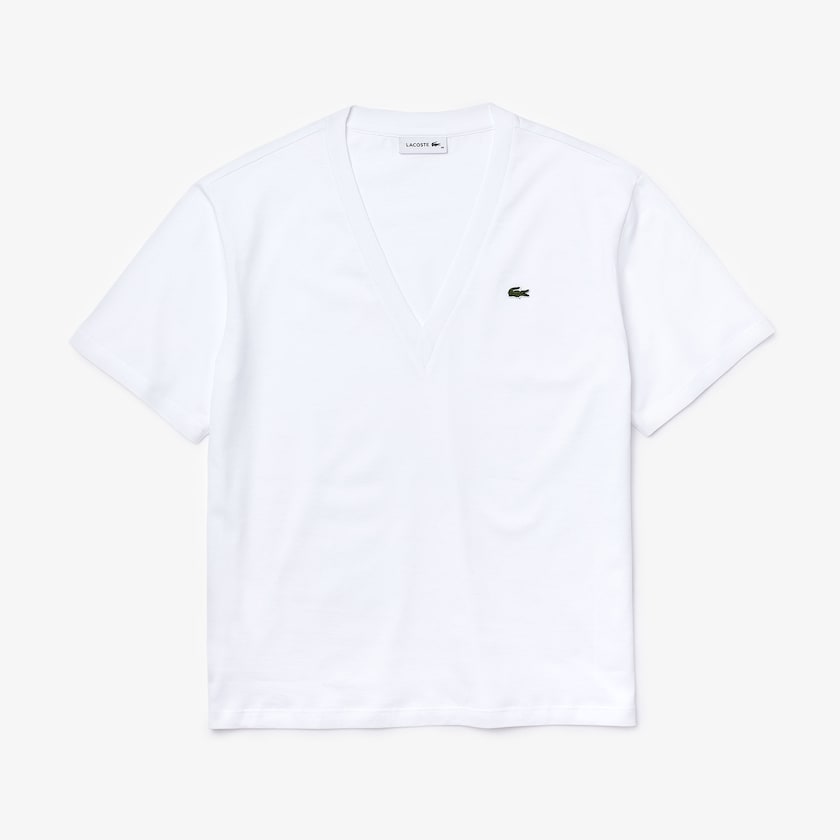 Camiseta Lacoste Feminino Branco V-Neck Premium Cotton DF1-39983N3