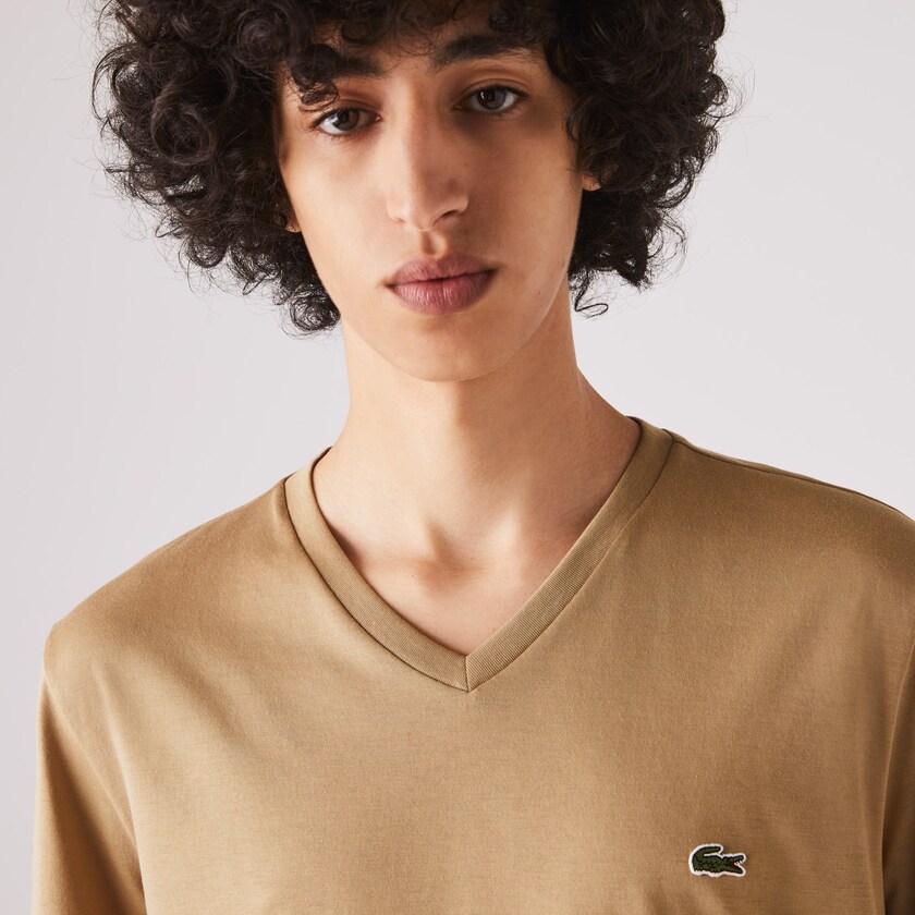 Camiseta Lacoste Masculino Bege V-neck Pima Cotton Jersey FO8-95869F7