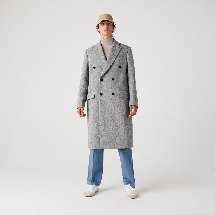 Casacos Lacoste Masculino Branco Cinzentas Long Double-Breasted Herringbone Wool AK4-52165P1