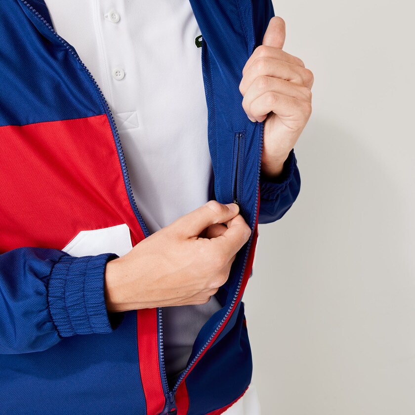 Casacos Lacoste Masculino Azuis Vermelhas Branco SPORT Hooded Water-Resistant Colorblock KD7-97749B8