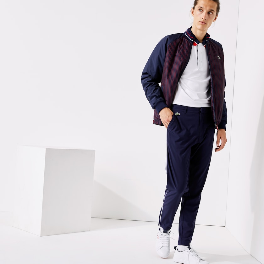 Casacos Lacoste Masculino Azul Marinho Azuis Vermelhas Branco SPORT Water-Resistant Striped Zip Golf NE1-72697Y1