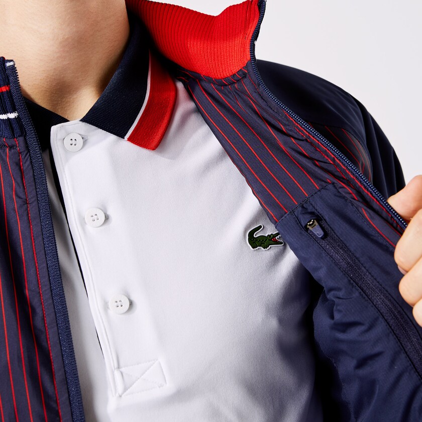 Casacos Lacoste Masculino Azul Marinho Azuis Vermelhas Branco SPORT Water-Resistant Striped Zip Golf NE1-72697Y1
