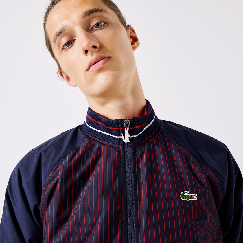 Casacos Lacoste Masculino Azul Marinho Azuis Vermelhas Branco SPORT Water-Resistant Striped Zip Golf NE1-72697Y1