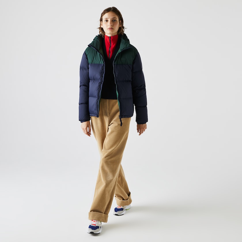 Casacos Lacoste Feminino Azul Marinho Azuis Verdes Stand-Up Collar Concealed Hood Colourblock Short EH2-54355J2
