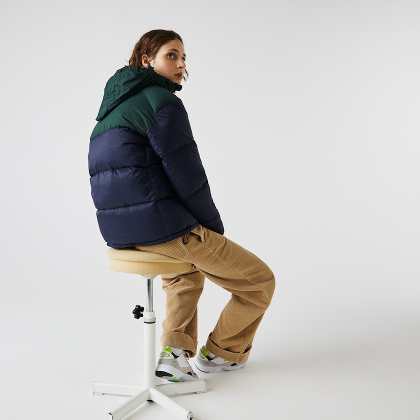 Casacos Lacoste Feminino Azul Marinho Azuis Verdes Stand-Up Collar Concealed Hood Colourblock Short EH2-54355J2