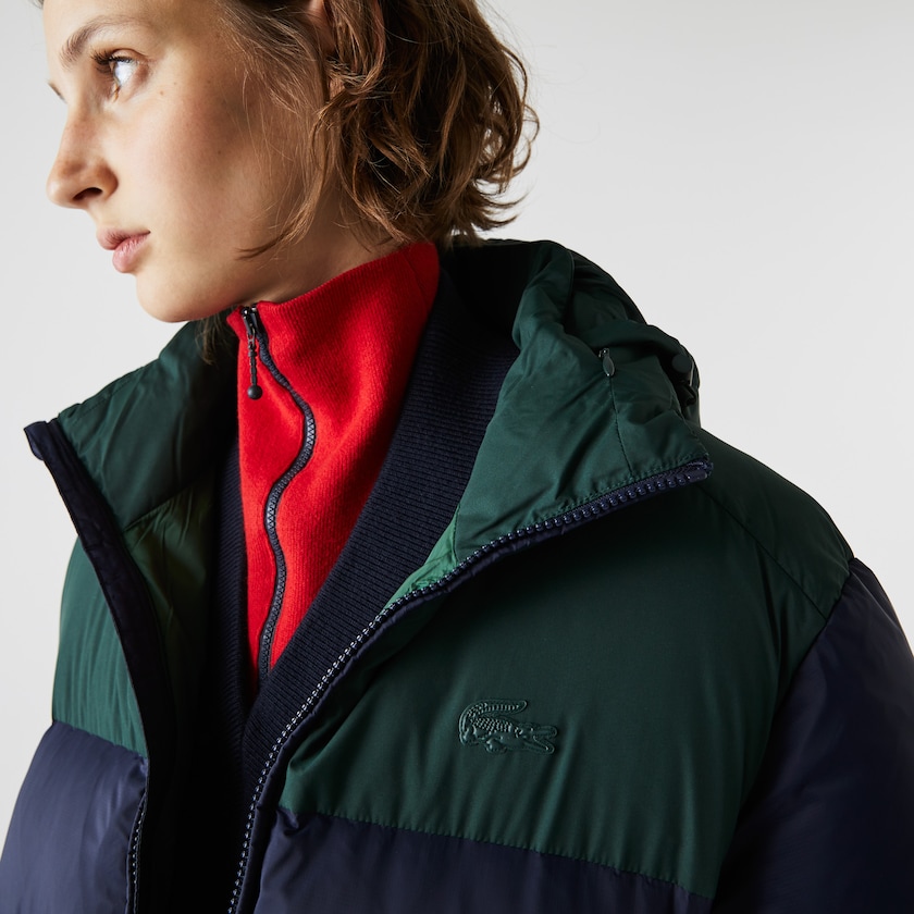 Casacos Lacoste Feminino Azul Marinho Azuis Verdes Stand-Up Collar Concealed Hood Colourblock Short EH2-54355J2