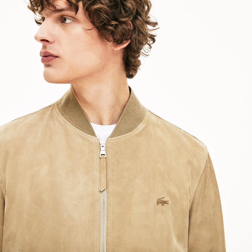 Casacos Lacoste Masculino Bege Suede Zip-Up Bomber CF7-44114F8