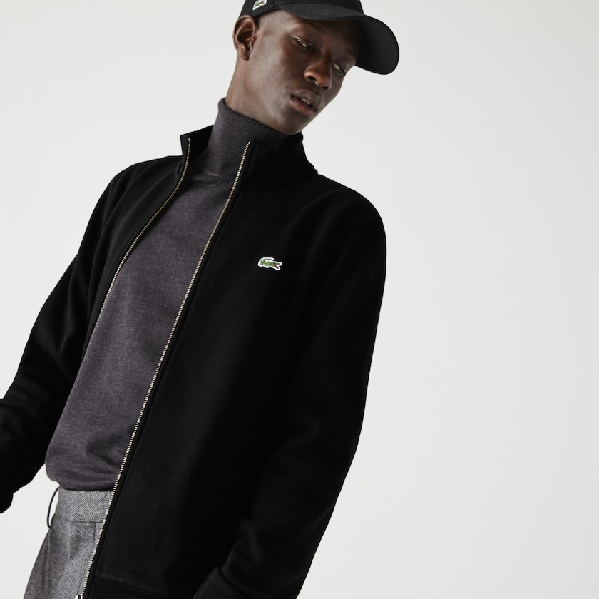 Casacos Lacoste Masculino Pretas Zippered Stand-Up Collar Piqué Fleece XZ7-77107F5