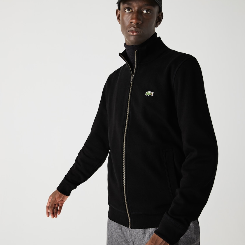Casacos Lacoste Masculino Pretas Zippered Stand-Up Collar Piqué Fleece XZ7-77107F5