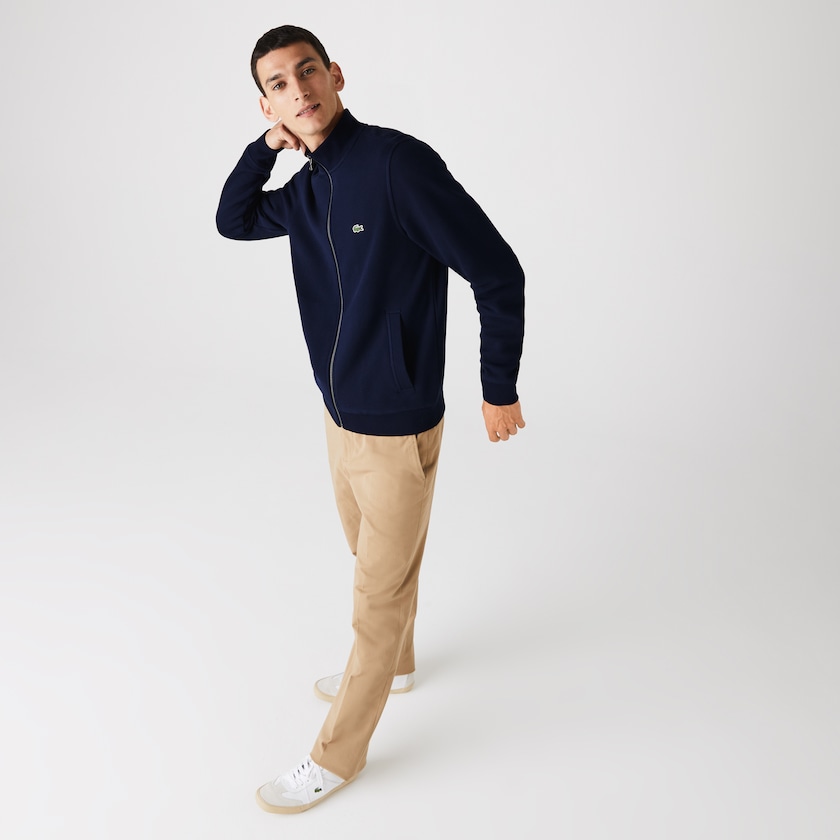 Casacos Lacoste Masculino Azul Marinho Azuis Zippered Stand-Up Collar Piqué Fleece SJ4-10711S6