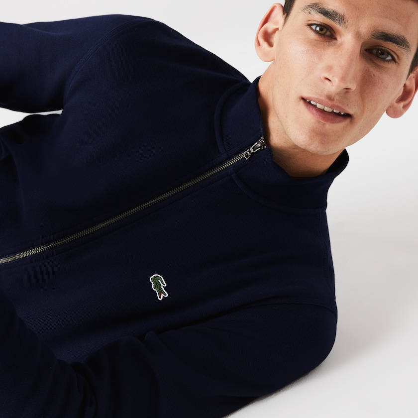 Casacos Lacoste Masculino Azul Marinho Azuis Zippered Stand-Up Collar Piqué Fleece SJ4-10711S6