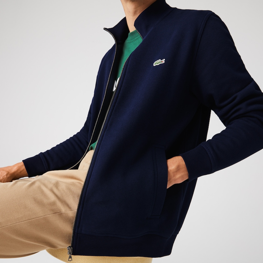 Casacos Lacoste Masculino Azul Marinho Azuis Zippered Stand-Up Collar Piqué Fleece SJ4-10711S6