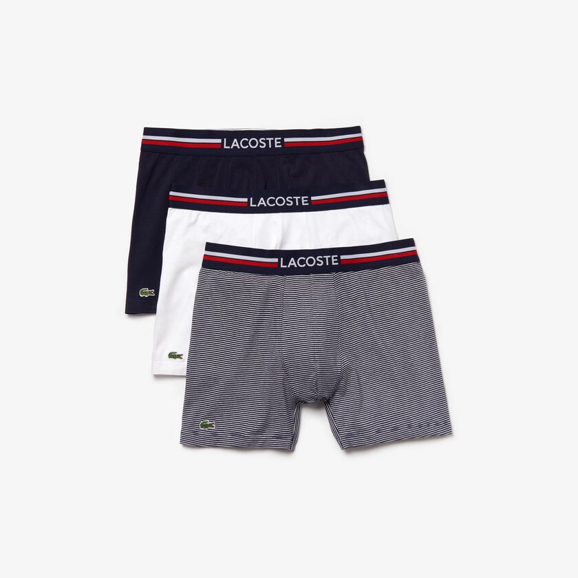 Cuecas Lacoste Masculino Azul Marinho Azuis Branco Pack Of 3 Casual Long Boxers EW7-02370A3