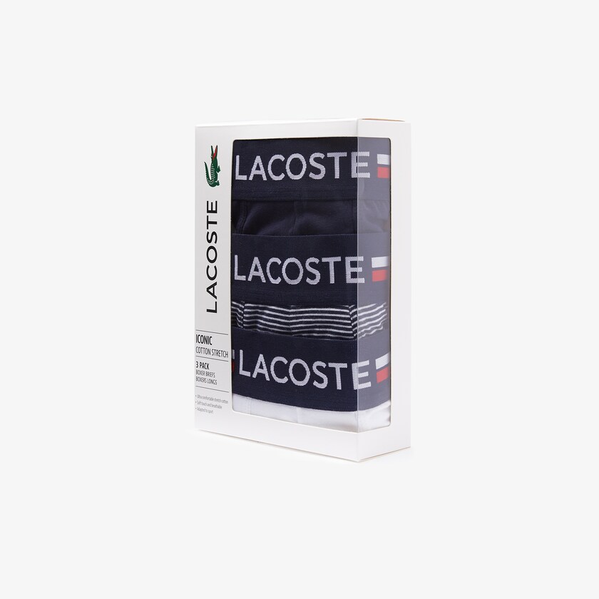 Cuecas Lacoste Masculino Azul Marinho Azuis Branco Pack Of 3 Casual Long Boxers EW7-02370A3