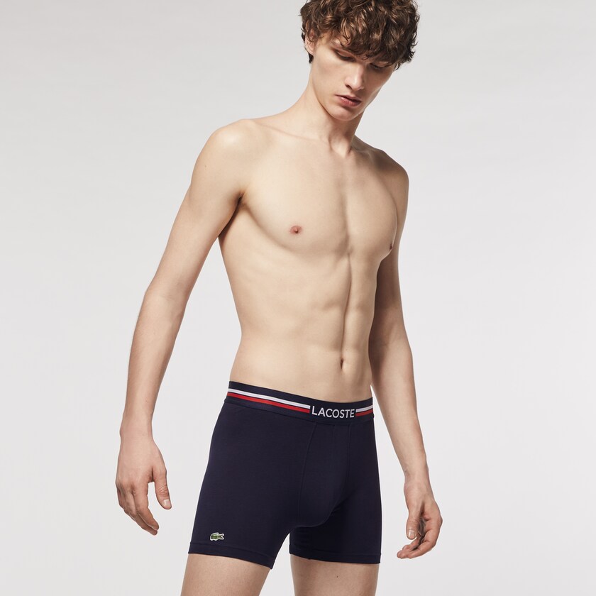 Cuecas Lacoste Masculino Azul Marinho Azuis Branco Pack Of 3 Casual Long Boxers EW7-02370A3