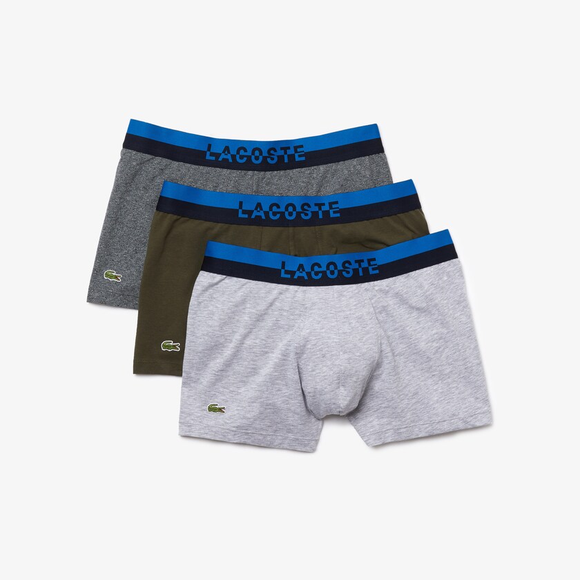 Cuecas Lacoste Masculino Cinzentas Caqui Verdes Cinzentas Pack Of 3 Casual Plain-Colored Boxers ZJ9-00060T4