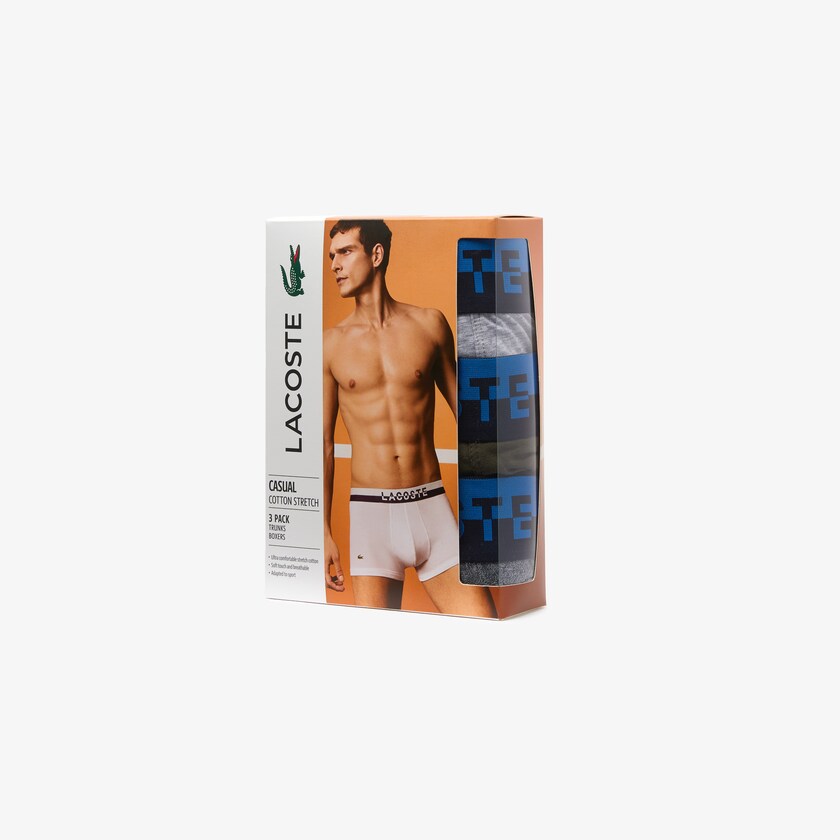 Cuecas Lacoste Masculino Cinzentas Caqui Verdes Cinzentas Pack Of 3 Casual Plain-Colored Boxers ZJ9-00060T4