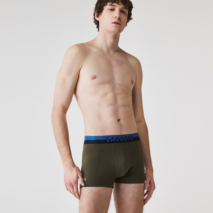 Cuecas Lacoste Masculino Cinzentas Caqui Verdes Cinzentas Pack Of 3 Casual Plain-Colored Boxers ZJ9-00060T4