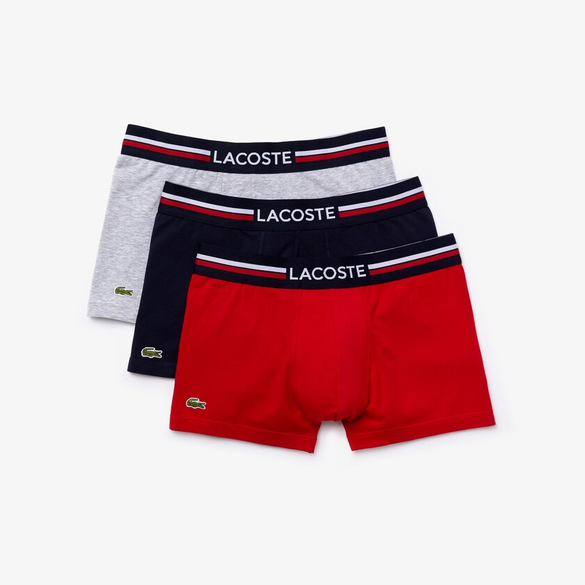 Cuecas Lacoste Masculino Azul Marinho Azuis Cinzentas Vermelhas Pack Of 3 Iconic Boxer With Three-Tone Waistband QY3-68896T2