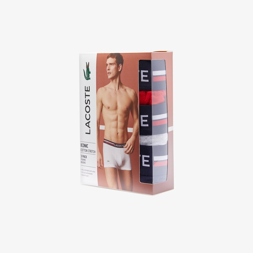 Cuecas Lacoste Masculino Azul Marinho Azuis Cinzentas Vermelhas Pack Of 3 Iconic Boxer With Three-Tone Waistband QY3-68896T2
