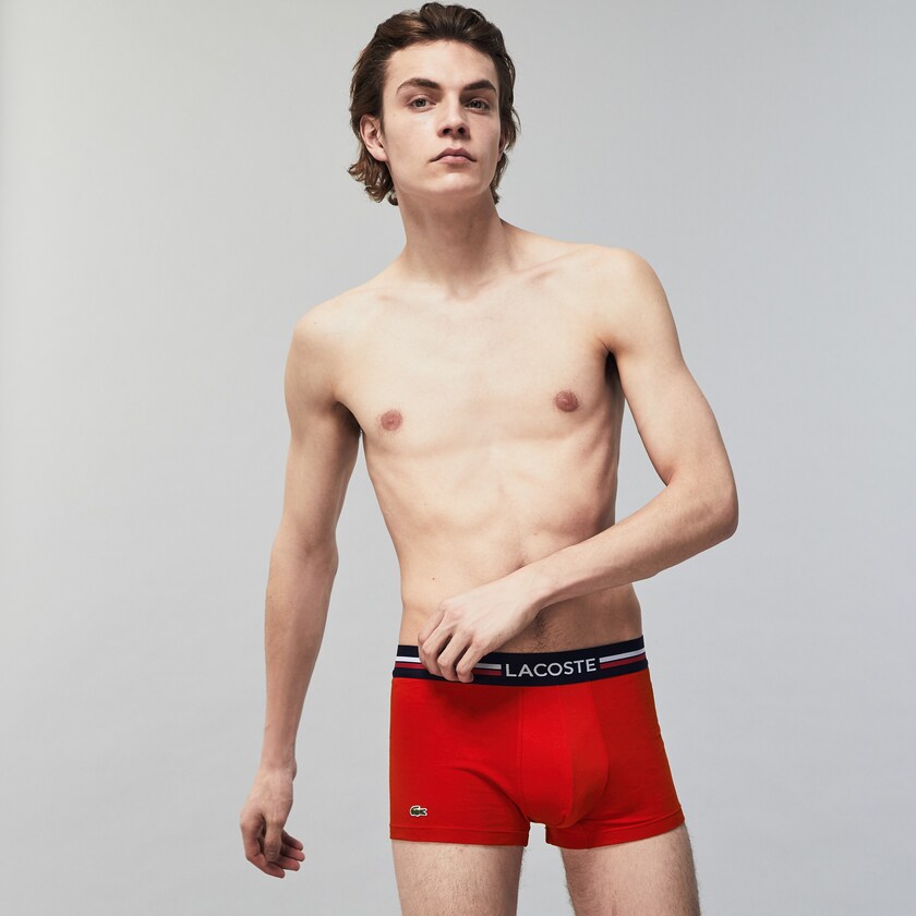 Cuecas Lacoste Masculino Azul Marinho Azuis Cinzentas Vermelhas Pack Of 3 Iconic Boxer With Three-Tone Waistband QY3-68896T2