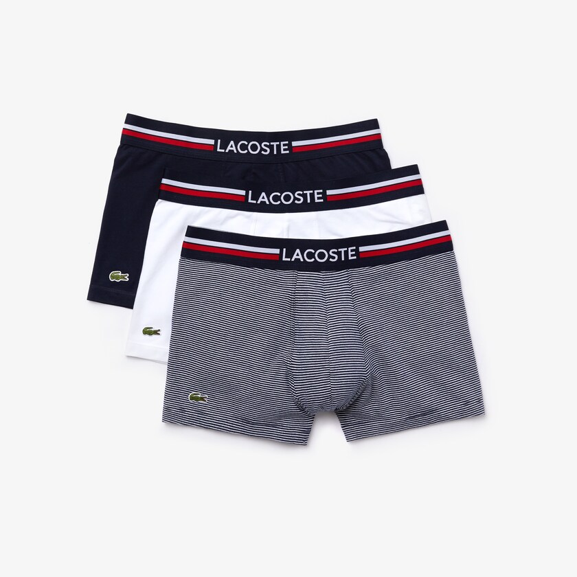 Cuecas Lacoste Masculino Azul Marinho Azuis Branco Pack Of 3 Iconic Boxer With Three-Tone Waistband WA8-12211J1