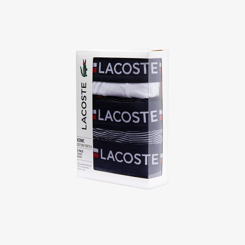 Cuecas Lacoste Masculino Azul Marinho Azuis Branco Pack Of 3 Iconic Boxer With Three-Tone Waistband WA8-12211J1