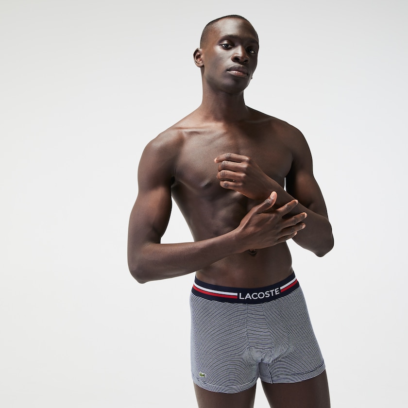 Cuecas Lacoste Masculino Azul Marinho Azuis Branco Pack Of 3 Iconic Boxer With Three-Tone Waistband WA8-12211J1