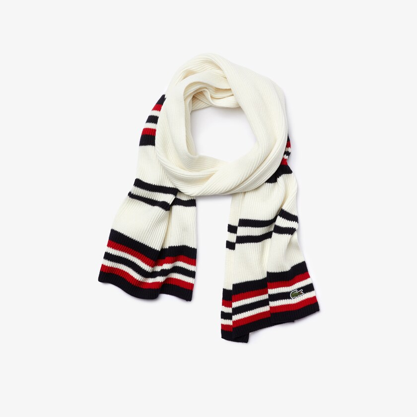 Lenços Lacoste Masculino Branco Azul Marinho Azuis Vermelhas Made in France Striped Ribbed Rectangular Wool RQ0-52005Q8