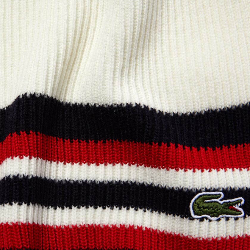 Lenços Lacoste Masculino Branco Azul Marinho Azuis Vermelhas Made in France Striped Ribbed Rectangular Wool RQ0-52005Q8