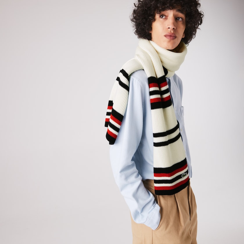 Lenços Lacoste Masculino Branco Azul Marinho Azuis Vermelhas Made in France Striped Ribbed Rectangular Wool RQ0-52005Q8