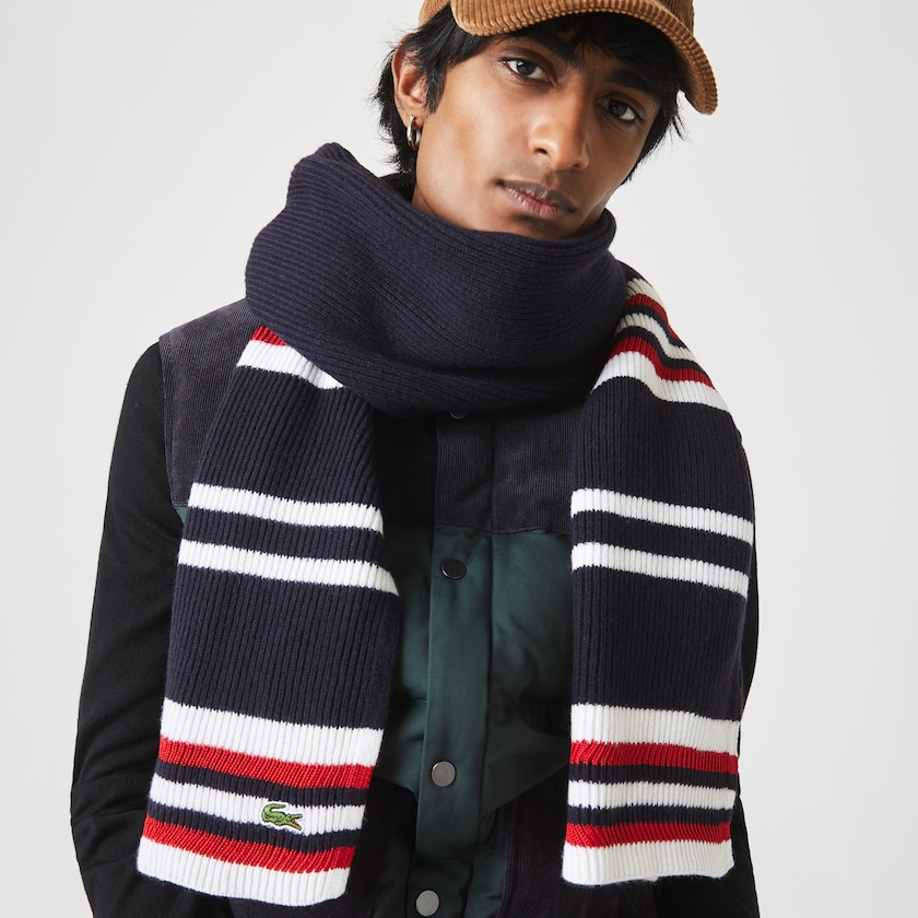 Lenços Lacoste Masculino Azul Marinho Azuis Branco Vermelhas Made in France Striped Ribbed Rectangular Wool UZ5-93059R9