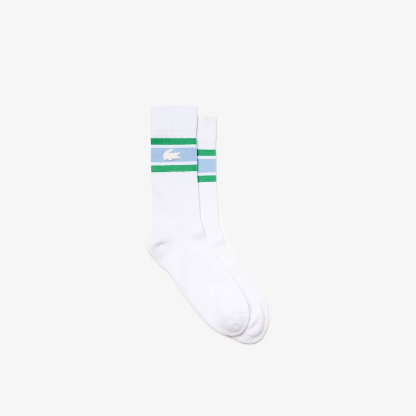 Meias Lacoste Masculino Branco Azuis Verdes LIVE Striped Stretch-Cotton HW3-04460K7