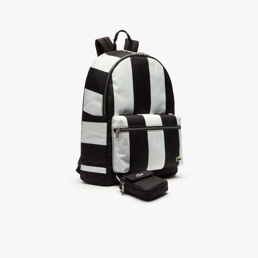 Mochilas Lacoste Masculino Pretas Branco LIVE Detachable Pouch Striped FO6-69076Y2