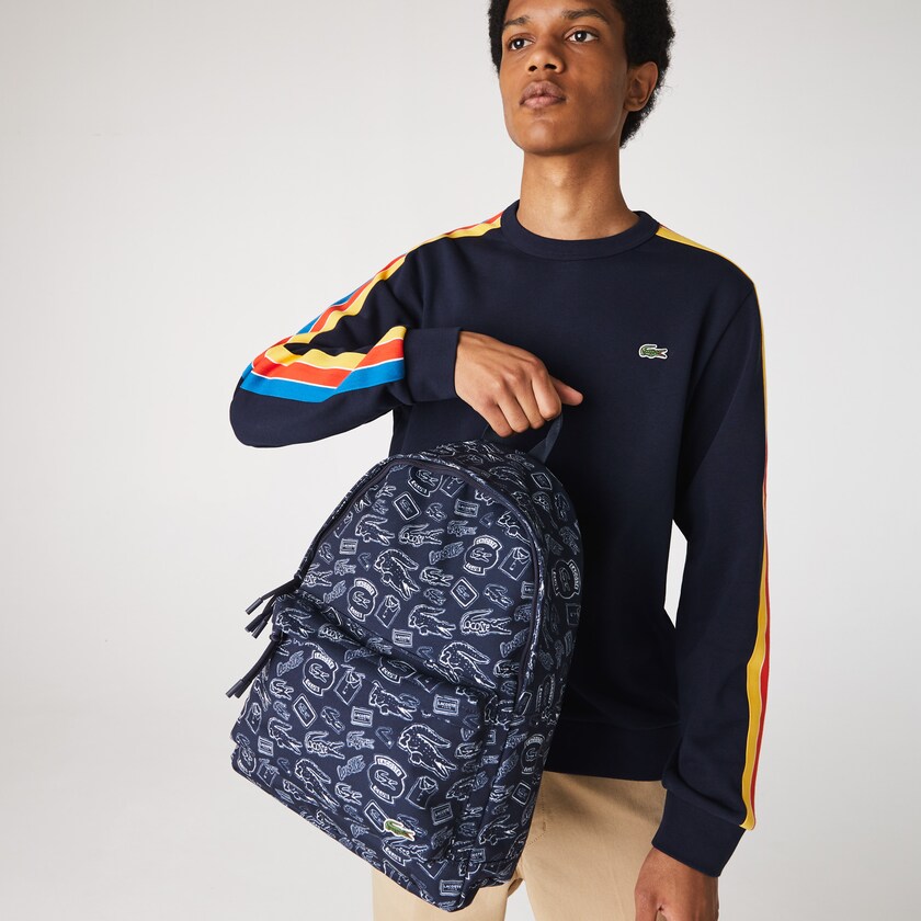 Mochilas Lacoste Masculino Azul Marinho Azuis Branco Neocroc Pattern Canvas YZ9-68786T3
