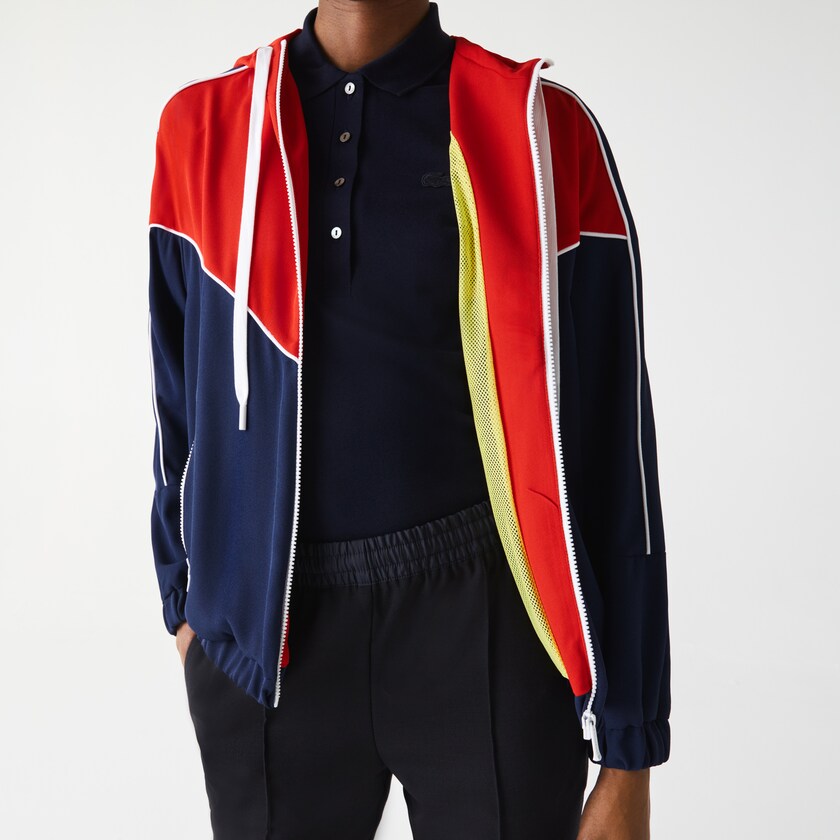 Moletons Lacoste Feminino Azuis Branco Vermelhas Colorblock Zip-Up Hoodie EG5-97609P1