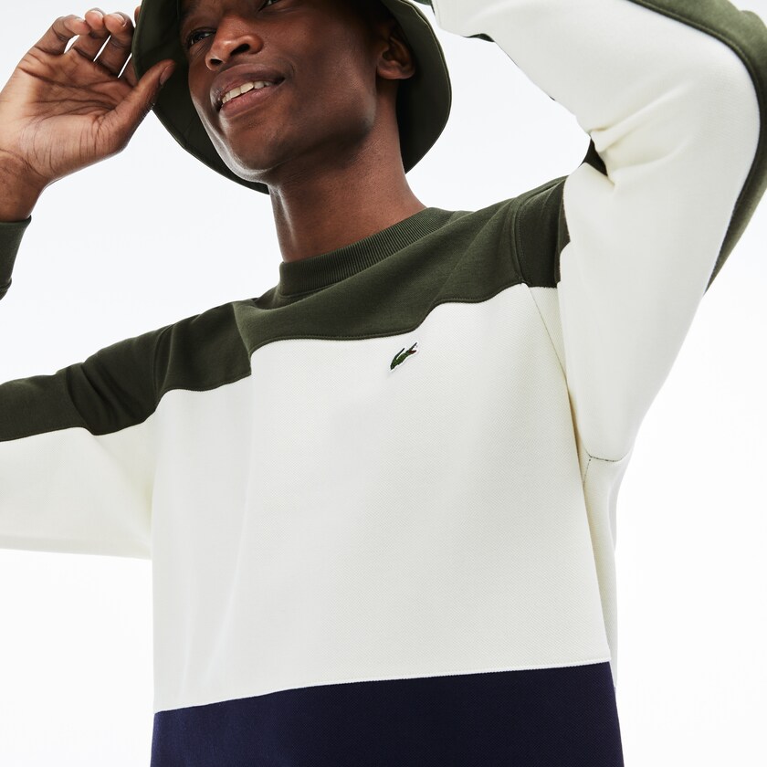 Moletons Lacoste Masculino Azul Marinho Azuis Branco Caqui Verdes Crew Neck Colorblock Piqué Fleece OC6-79827M4