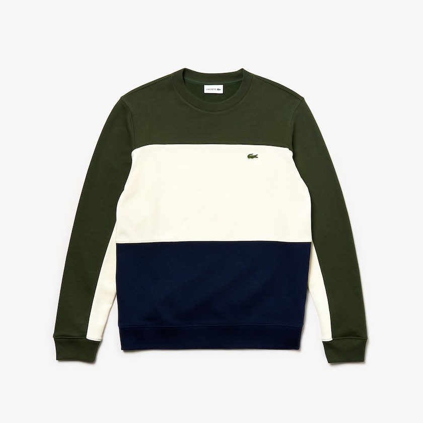 Moletons Lacoste Masculino Azul Marinho Azuis Branco Caqui Verdes Crew Neck Colorblock Piqué Fleece OC6-79827M4