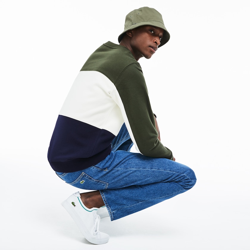 Moletons Lacoste Masculino Azul Marinho Azuis Branco Caqui Verdes Crew Neck Colorblock Piqué Fleece OC6-79827M4