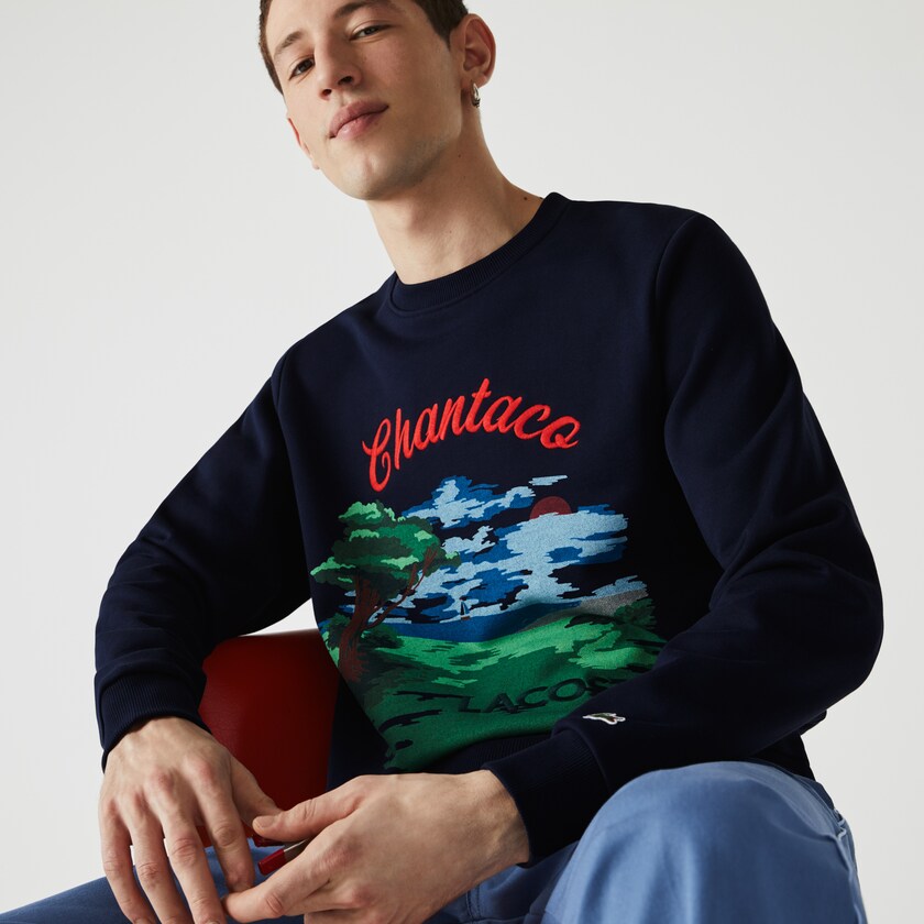 Moletons Lacoste Masculino Azul Marinho Azuis Vermelhas Crew Neck Landscape Print Fleece YE7-72357W1