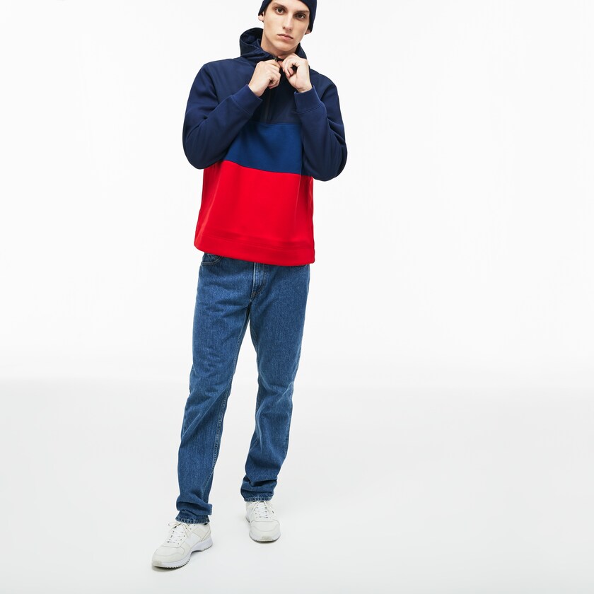 Moletons Lacoste Masculino Azul Marinho Azuis Vermelhas Hooded Colorblock Fleece Jersey RM2-73637L6