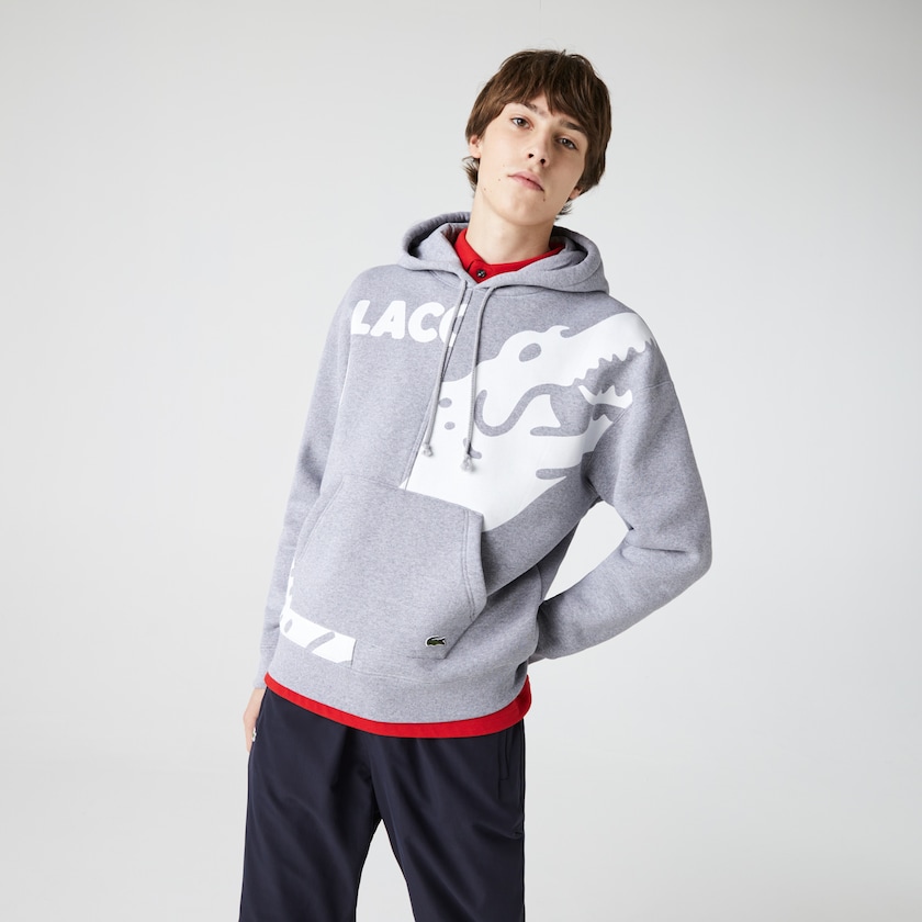 Moletons Lacoste Masculino Cinzentas Branco LIVE Loose Fit Hooded Print Fleece LK1-68176B7