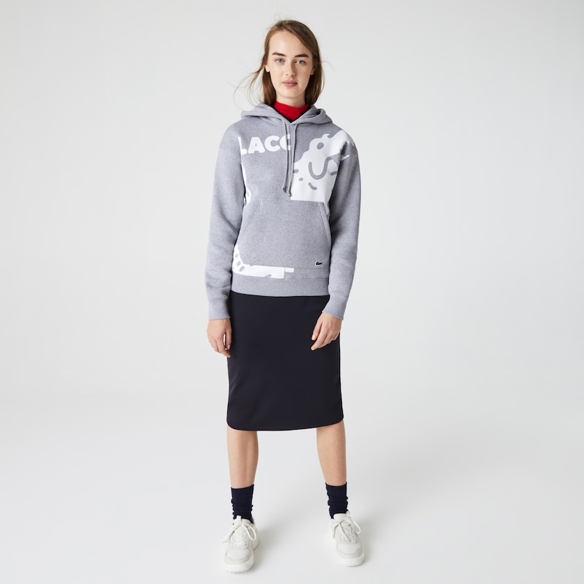 Moletons Lacoste Masculino Cinzentas Branco LIVE Loose Fit Hooded Print Fleece LK1-68176B7