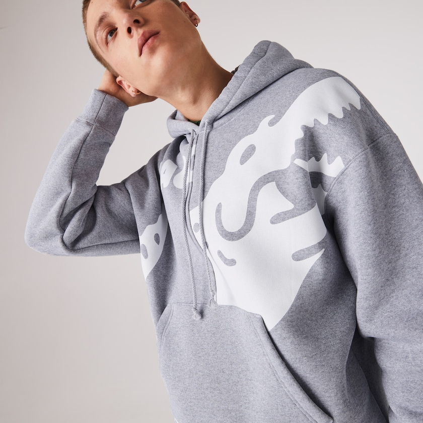 Moletons Lacoste Masculino Cinzentas Branco LIVE Loose Fit Hooded Print Fleece LK1-68176B7