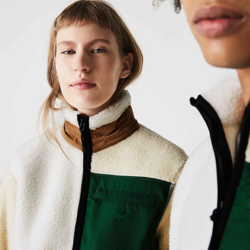 Moletons Lacoste Feminino Bege Branco LIVE Relaxed Fit Colorblock Sheepskin Fleece SY1-32443B0