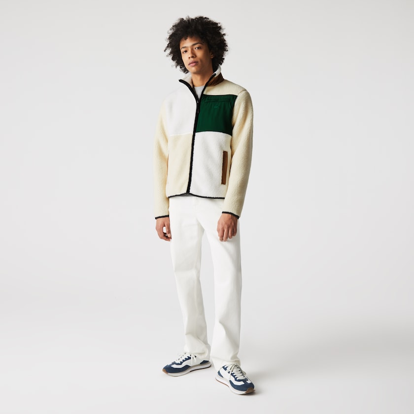 Moletons Lacoste Masculino Bege Branco LIVE Relaxed Fit Colorblock Sheepskin Fleece GS5-78807Q3